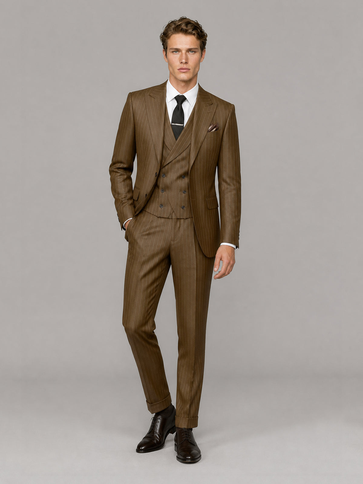 Men's camel brown pinstripe 3-piece suit set – front full-length view, Savile GA0174