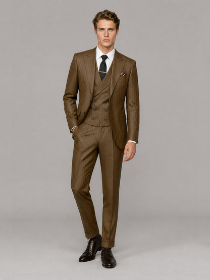 Men's camel brown pinstripe 3-piece suit set – front full-length view, Savile GA0174