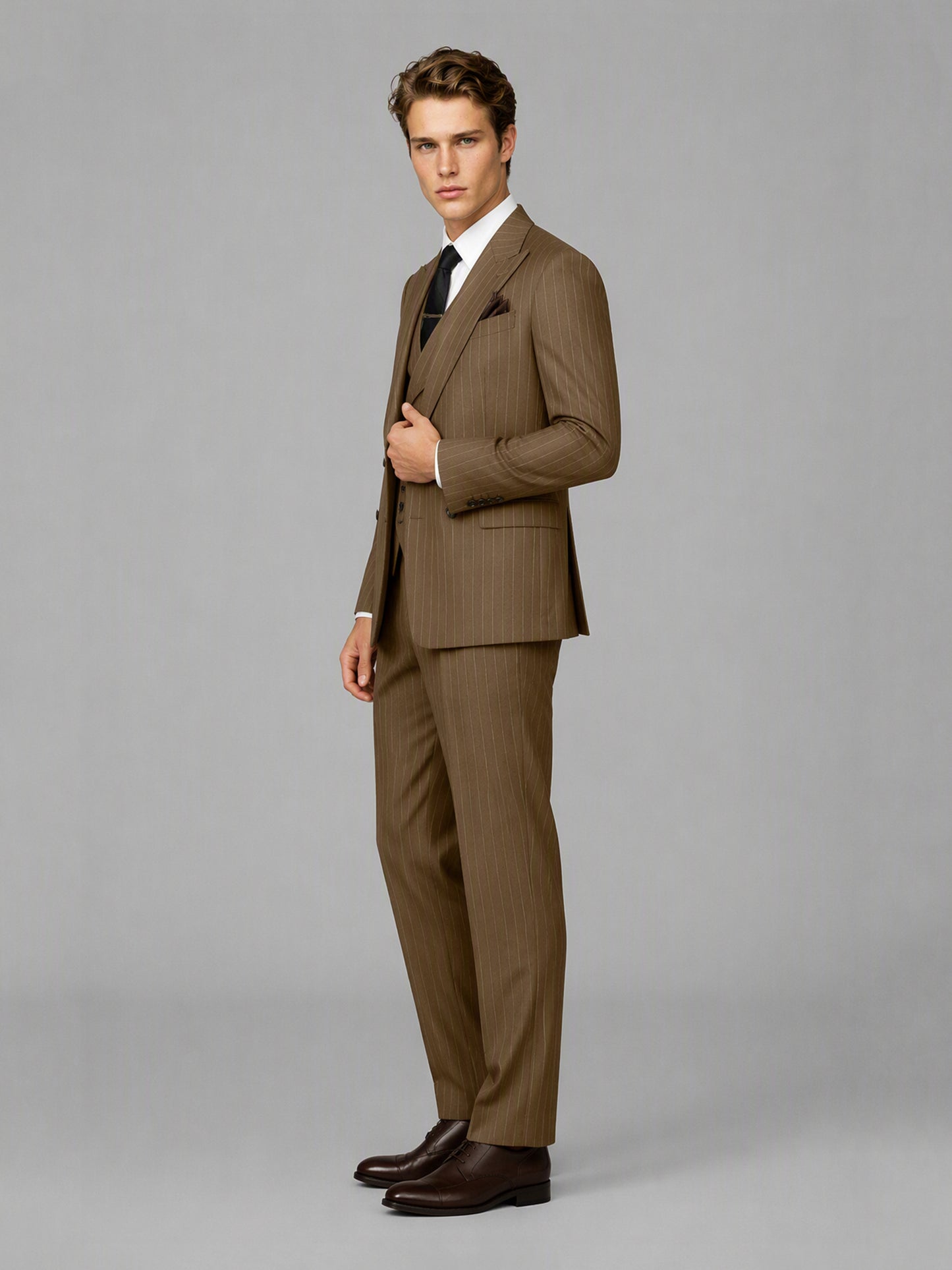 Men's camel brown pinstripe 3-piece suit set – three-quarter front view, Savile GA0174