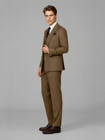 Men's camel brown pinstripe 3-piece suit set – three-quarter front view, Savile GA0174