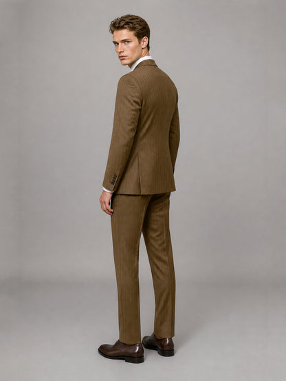 Men's camel brown pinstripe 3-piece suit set – side profile view, Savile GA0174