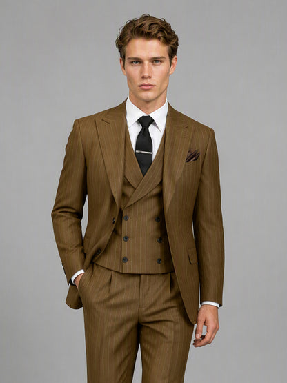 Men's camel brown pinstripe 3-piece suit set – back view, Savile GA0174