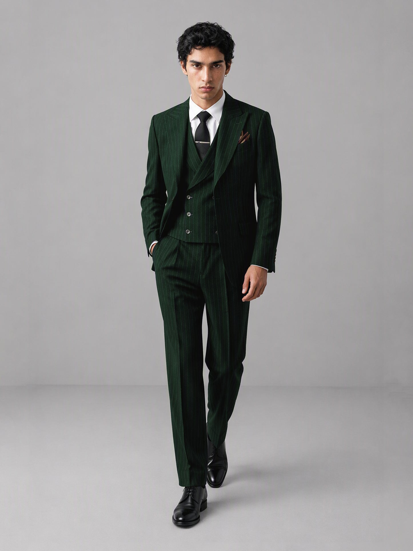 Men's emerald green pinstripe 3-piece suit set – front full-length view, Savile GA0174