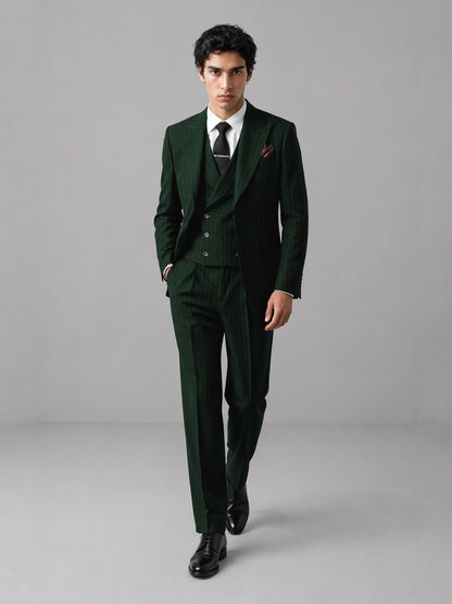 Men's emerald green pinstripe 3-piece suit set – front full-length view, Savile GA0174