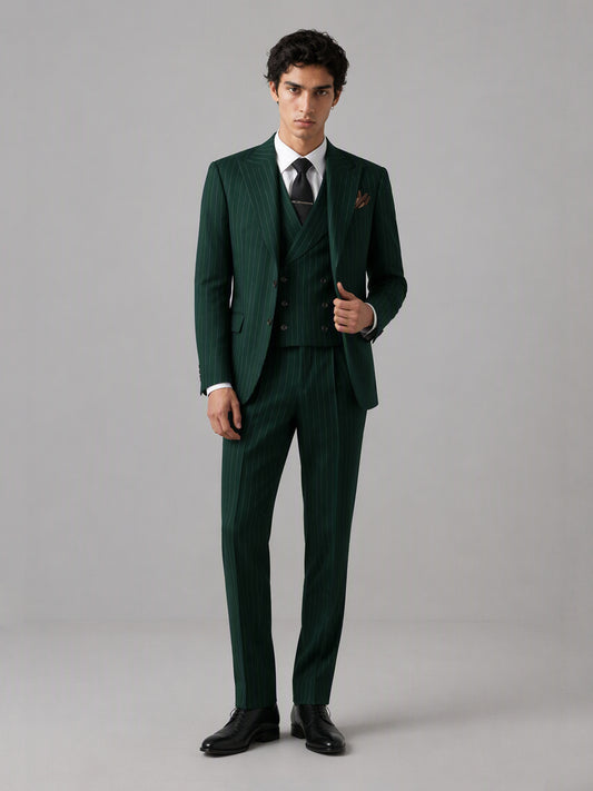 Men's emerald green pinstripe 3-piece suit set – walking front view, Savile GA0174