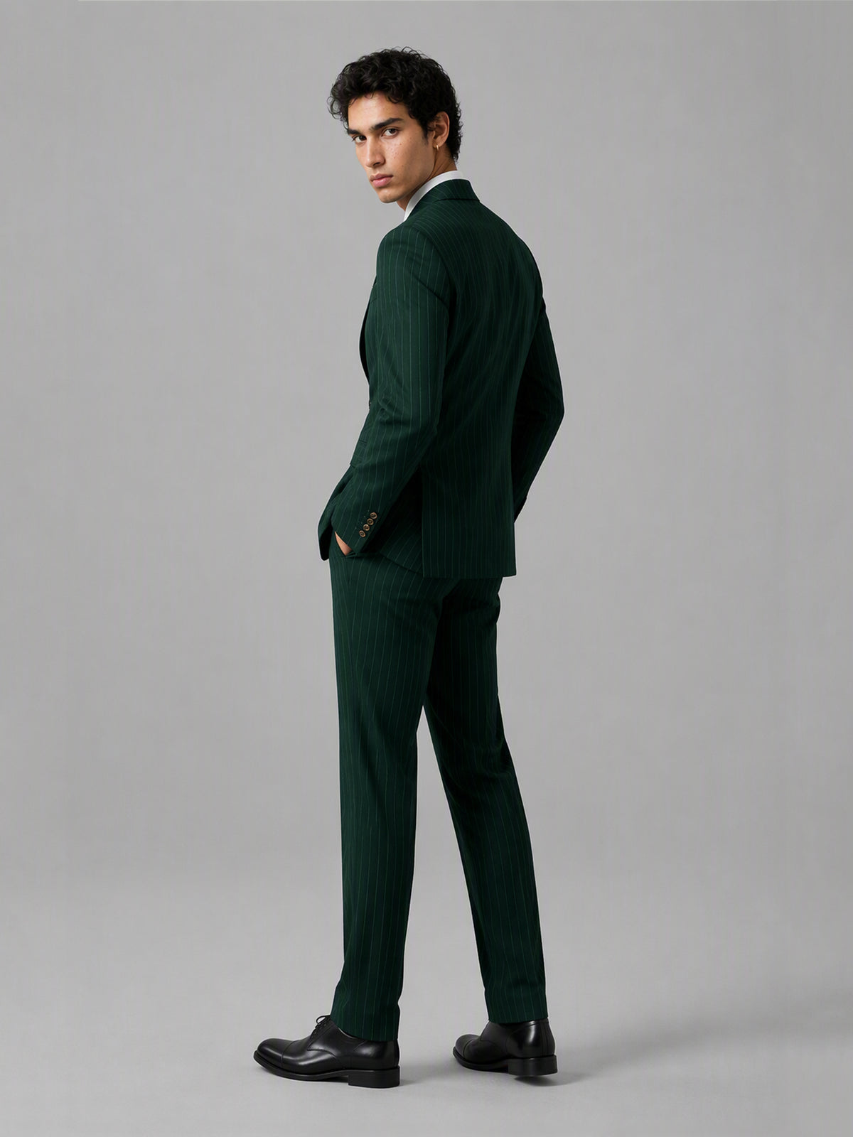 Men's emerald green pinstripe 3-piece suit set – side profile view, Savile GA0174
