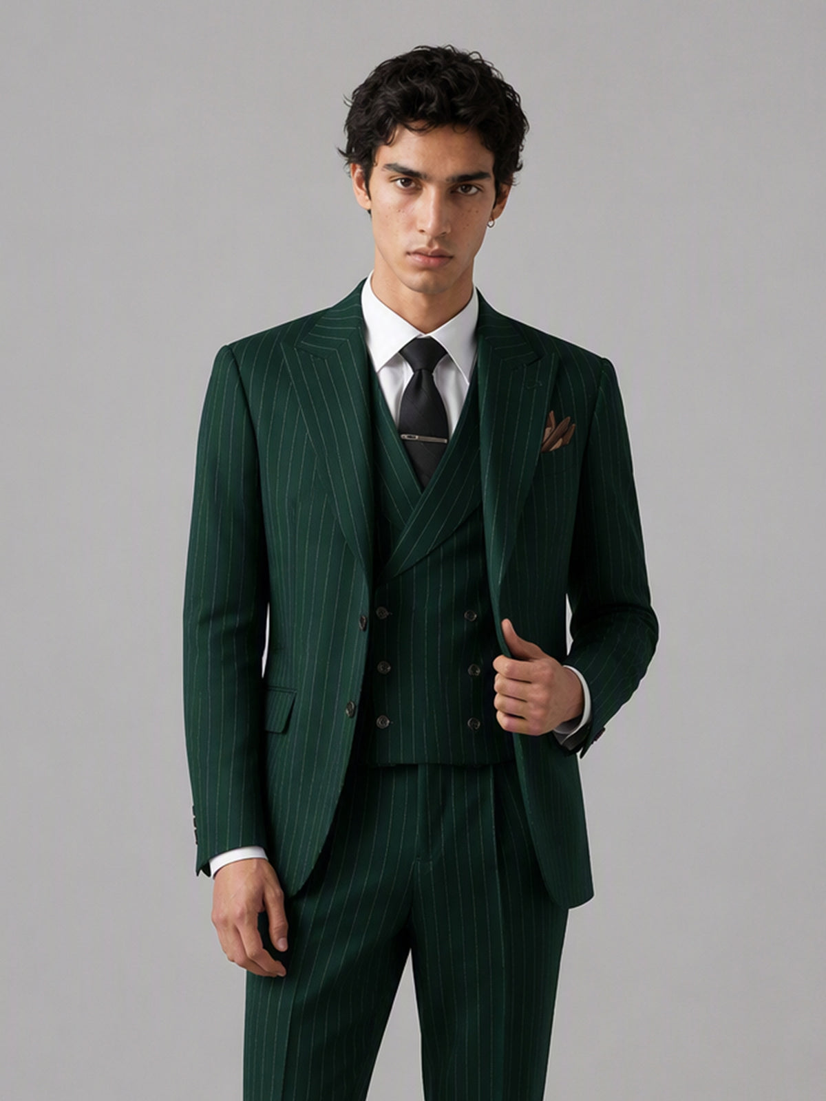 Men's emerald green pinstripe 3-piece suit set – back view, Savile GA0174