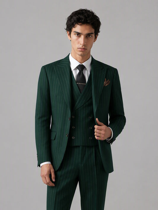 Men's emerald green pinstripe 3-piece suit set – back view, Savile GA0174