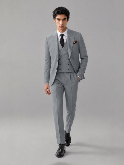 Men's grey pinstripe 3-piece suit set – front close-up view, Savile GA0174