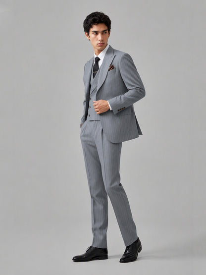Men's grey pinstripe 3-piece suit set – side profile view, Savile GA0174