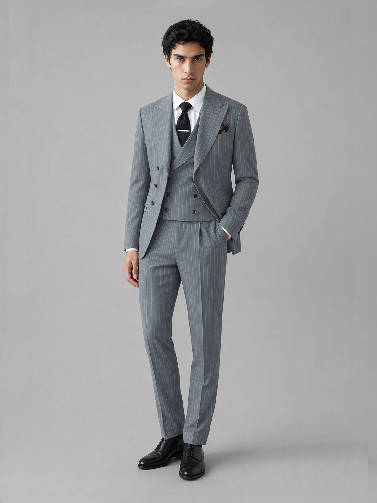 Men's grey pinstripe 3-piece suit set – front full-length walking view, Savile GA0174