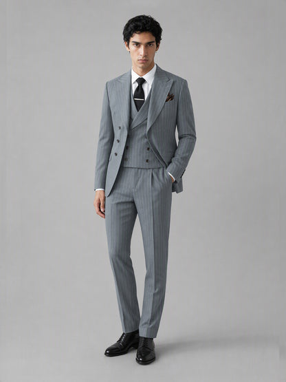 Men's grey pinstripe 3-piece suit set – front full-length walking view, Savile GA0174