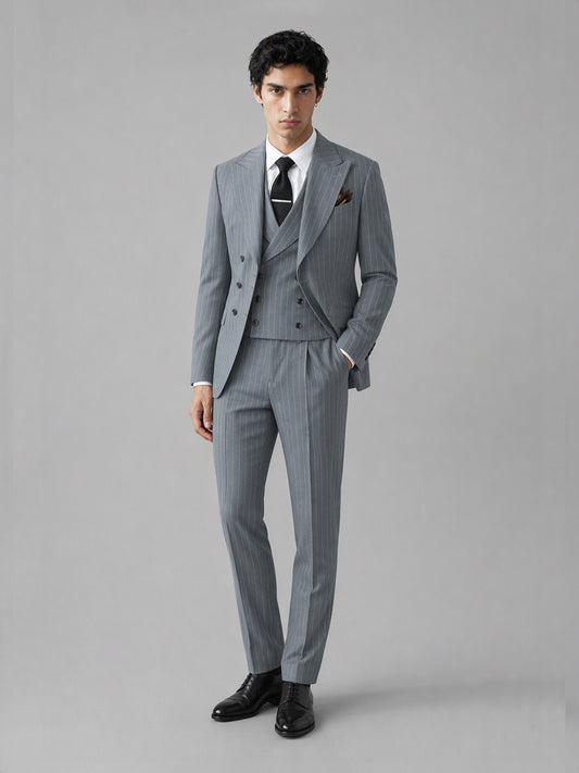 Men's grey pinstripe 3-piece suit set – front full-length walking view, Savile GA0174