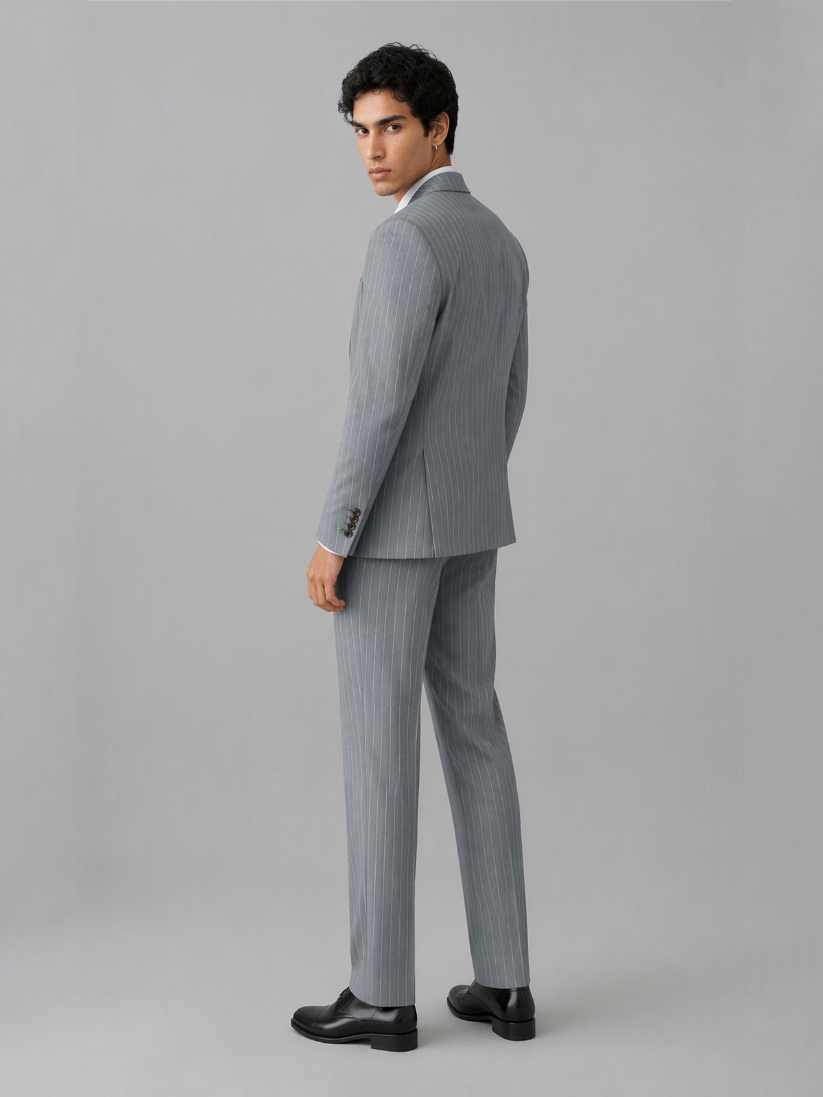 Men's grey pinstripe 3-piece suit set – front full-length standing view, Savile GA0174