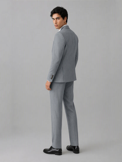 Men's grey pinstripe 3-piece suit set – front full-length standing view, Savile GA0174