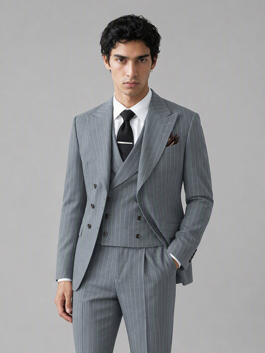 Men's grey pinstripe 3-piece suit set – back view, Savile GA0174