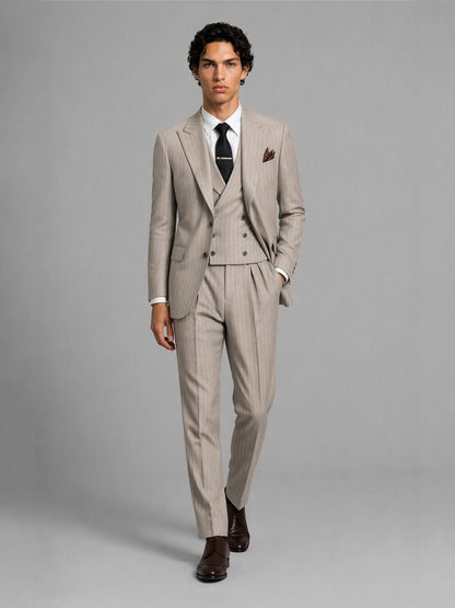 Men's khaki pinstripe 3-piece suit set – side profile view, Savile GA0174