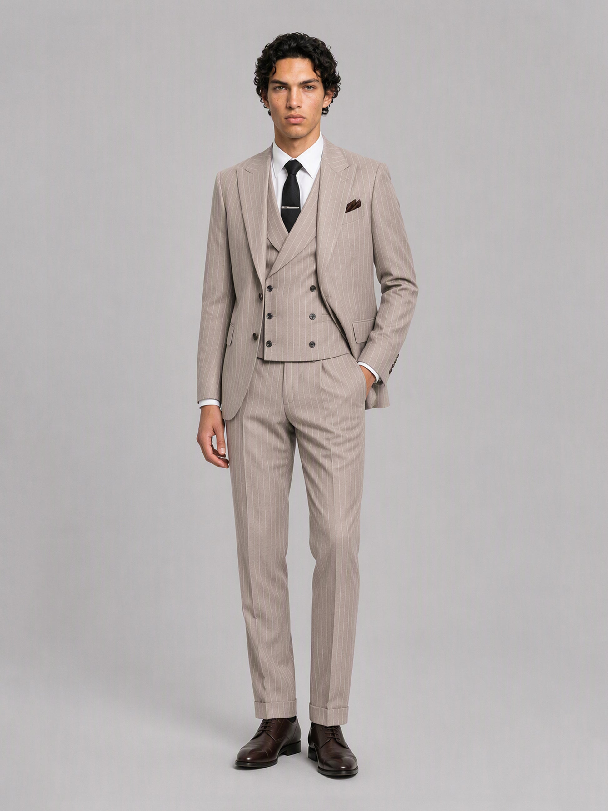 Men's khaki pinstripe 3-piece suit set – front full-length view, Savile GA0174