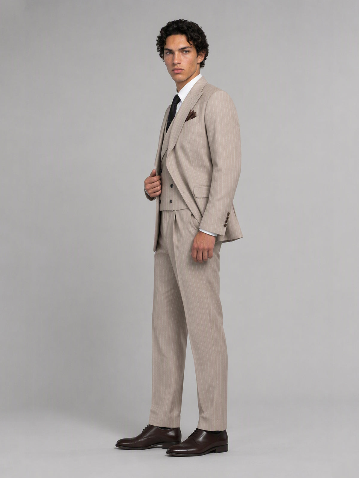 Men's khaki pinstripe 3-piece suit set – front full-length standing view, Savile GA0174