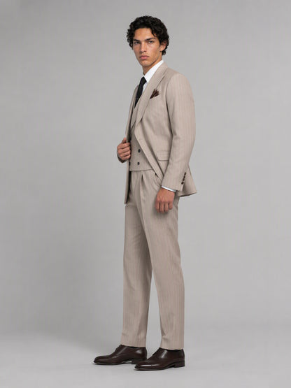 Men's khaki pinstripe 3-piece suit set – front full-length standing view, Savile GA0174