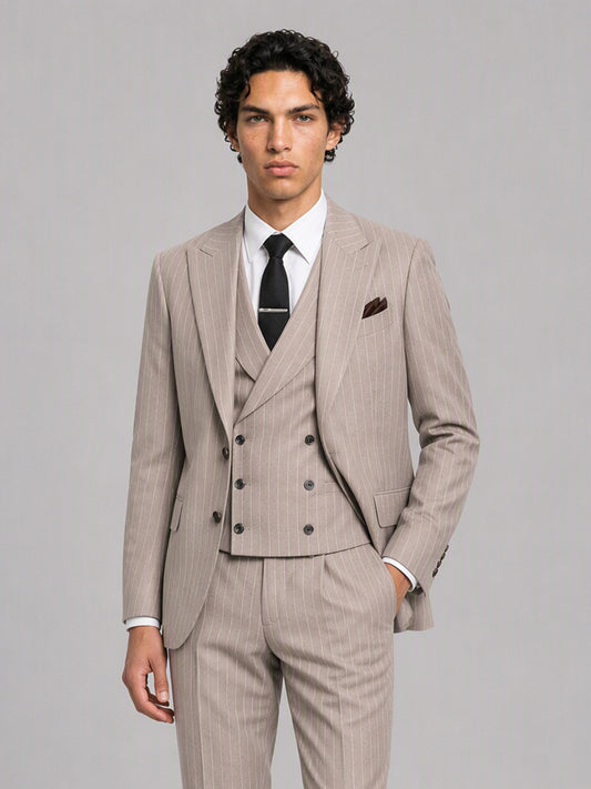 Men's khaki pinstripe 3-piece suit set – side three-quarter view, Savile GA0174