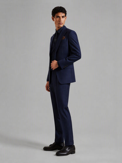 Men's navy blue pinstripe 3-piece suit set – front walking open jacket view, Savile GA0174