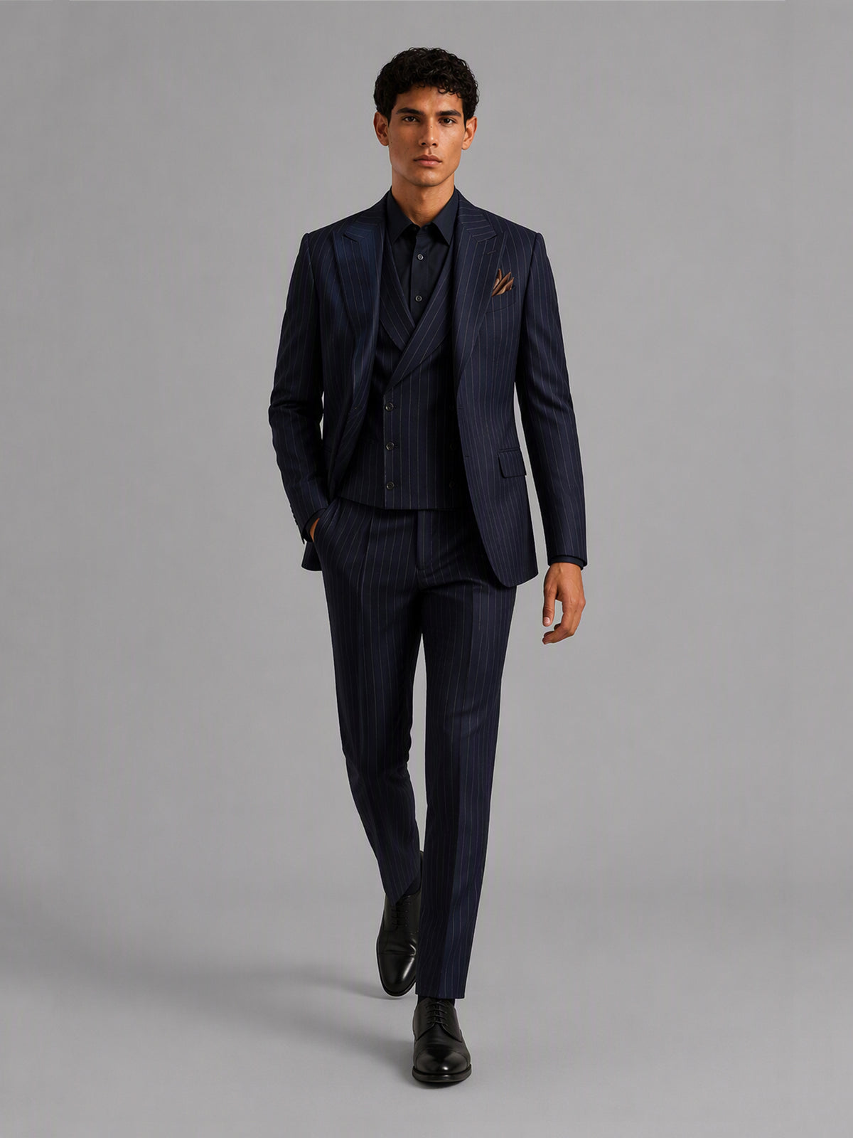 Men's navy blue pinstripe 3-piece suit set – back view, Savile GA0174