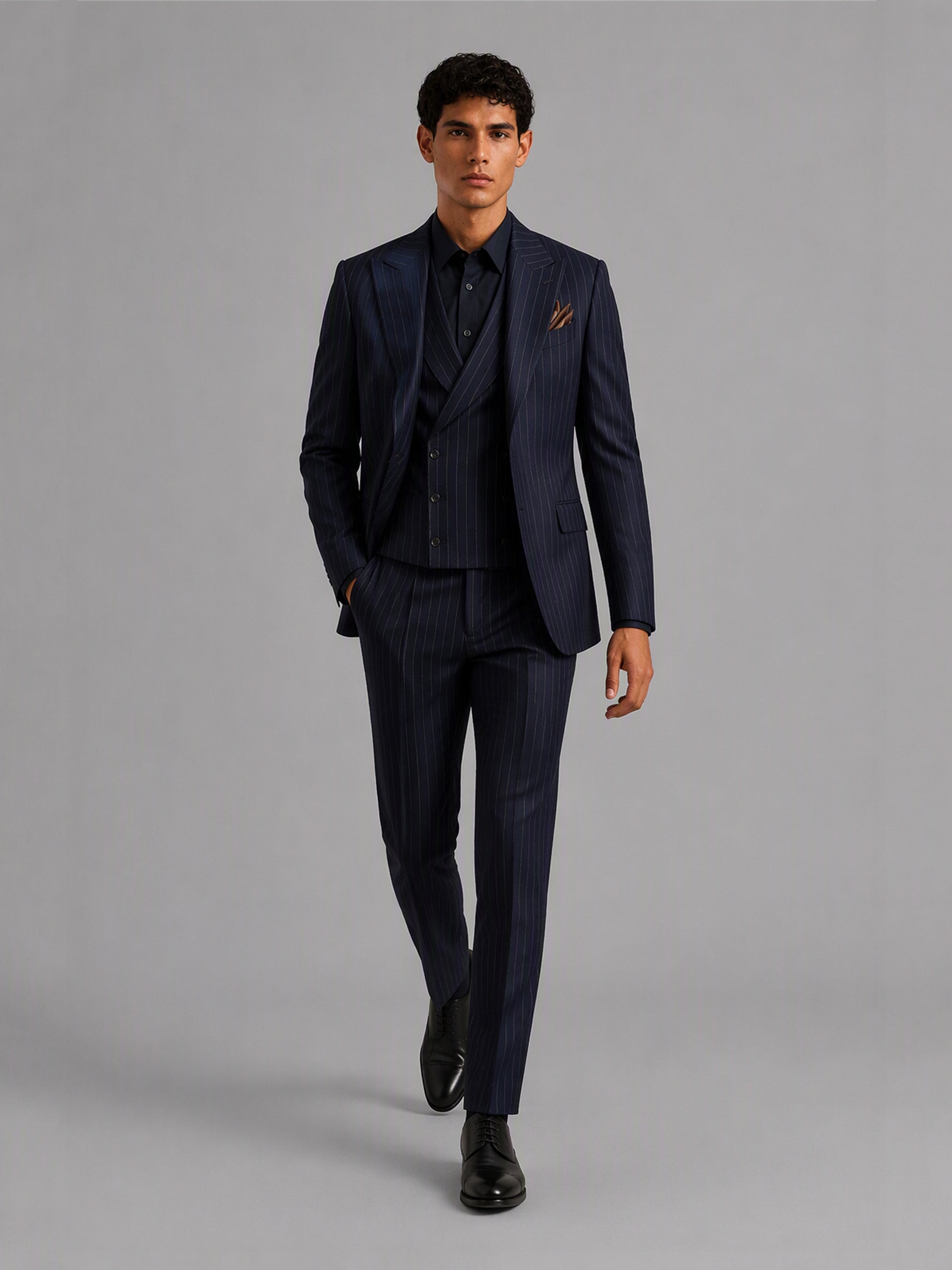 Men's navy blue pinstripe 3-piece suit set – back view, Savile GA0174