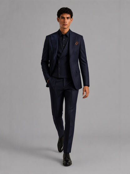 Men's navy blue pinstripe 3-piece suit set – back view, Savile GA0174
