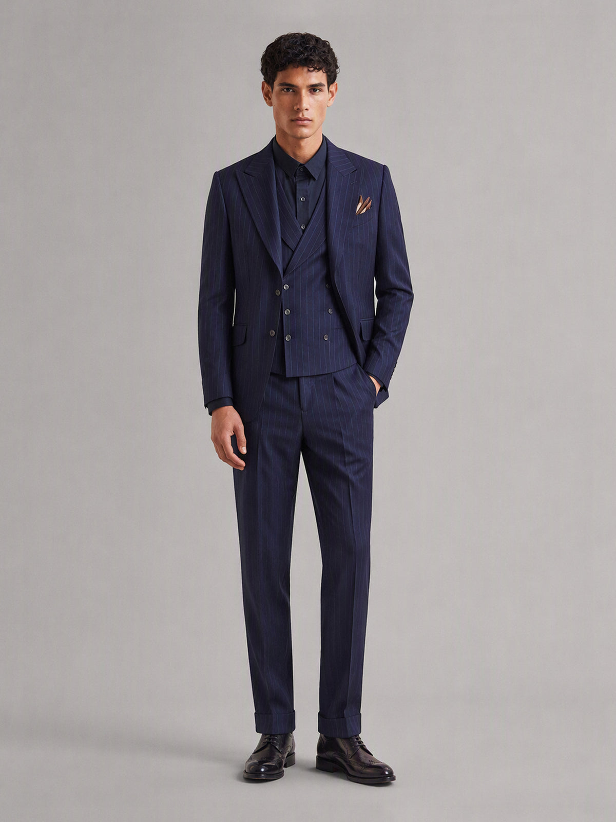 Men's navy blue pinstripe 3-piece suit set – front full-length standing view, Savile GA0174