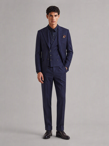 Men's navy blue pinstripe 3-piece suit set – front full-length standing view, Savile GA0174