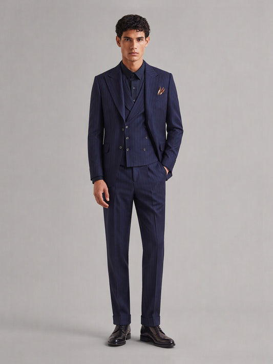 Men's navy blue pinstripe 3-piece suit set – front full-length standing view, Savile GA0174