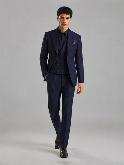 Men's navy blue pinstripe 3-piece suit set – front full-length walking view, Savile GA0174