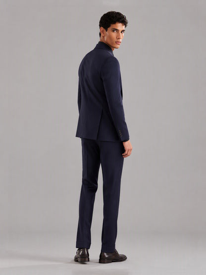 Men's navy blue pinstripe 3-piece suit set – front walking relaxed view, Savile GA0174