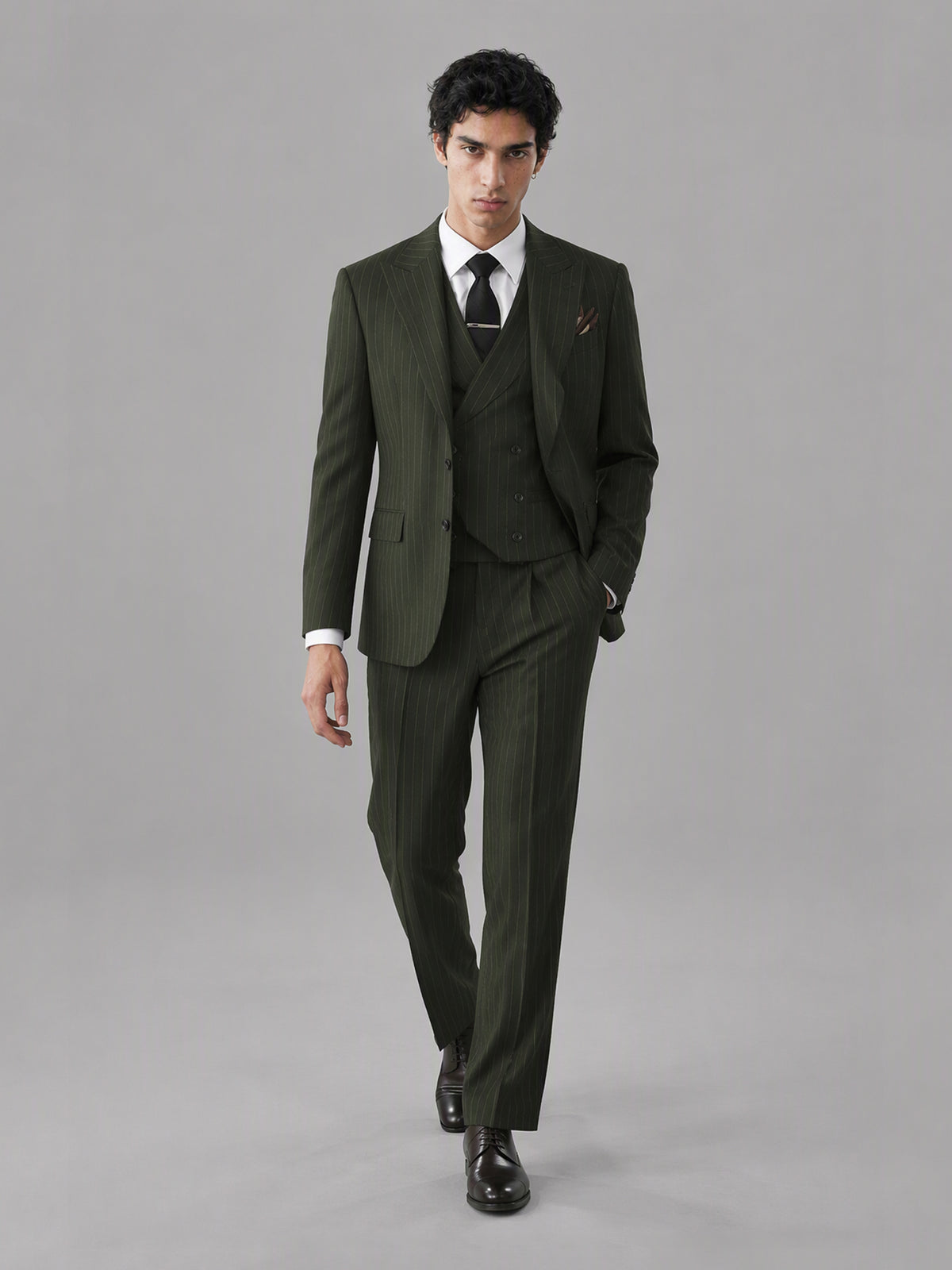 Men's olive green pinstripe 3-piece suit set – front close-up detail view, Savile GA0174