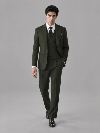 Men's olive green pinstripe 3-piece suit set – front close-up detail view, Savile GA0174