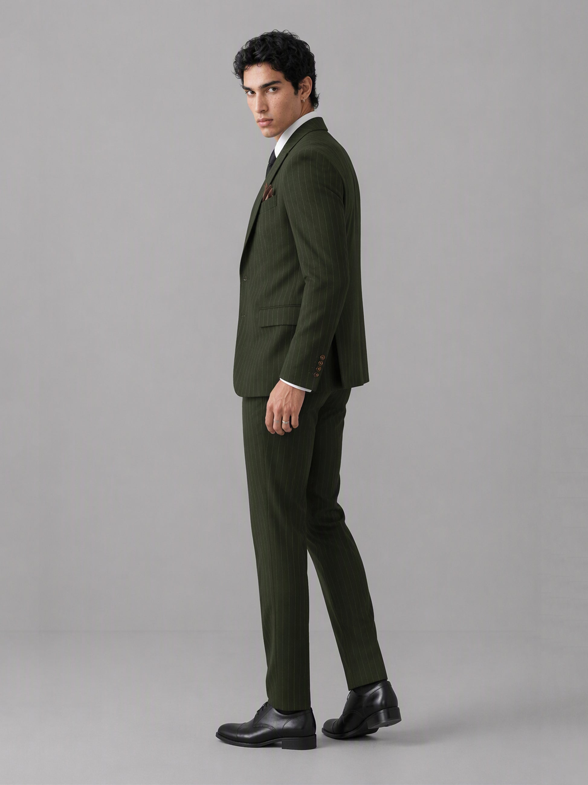 Men's olive green pinstripe 3-piece suit set – front full-length walking view, Savile GA0174