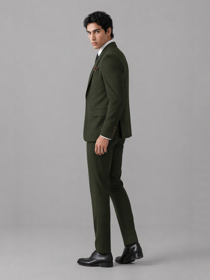 Men's olive green pinstripe 3-piece suit set – front full-length walking view, Savile GA0174