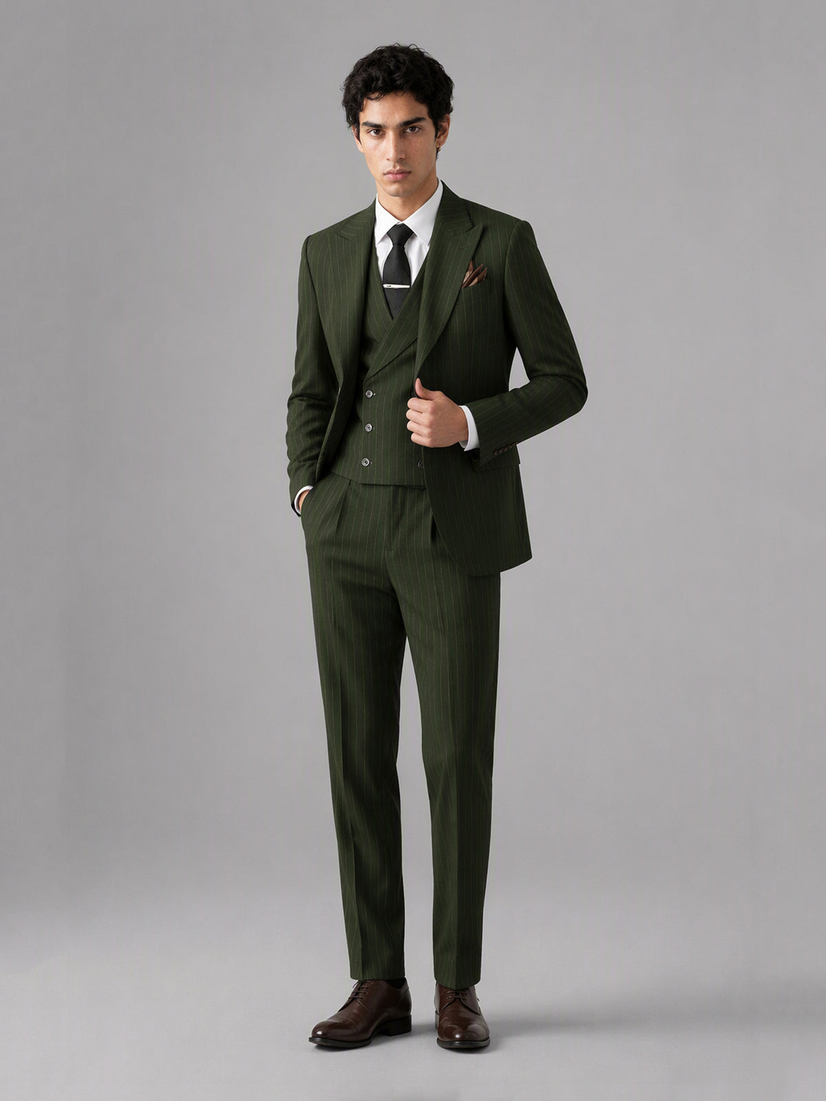 Men's olive green pinstripe 3-piece suit set – side profile view, Savile GA0174