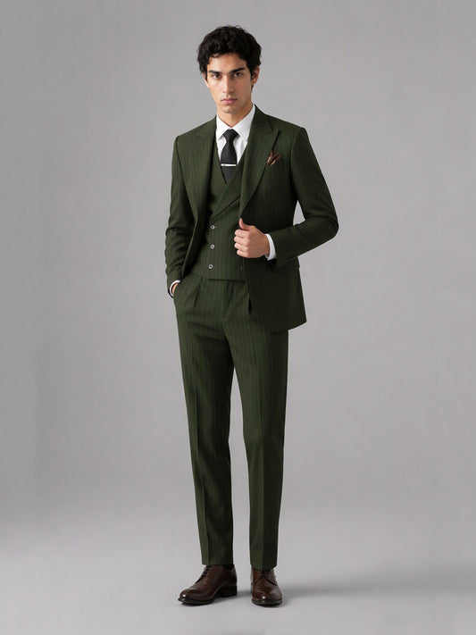 Men's olive green pinstripe 3-piece suit set – side profile view, Savile GA0174