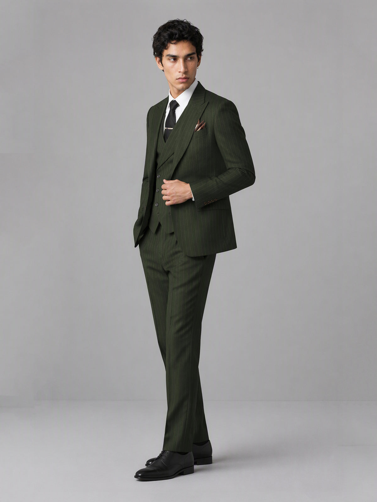 Men's olive green pinstripe 3-piece suit set – front full-length standing view, Savile GA0174
