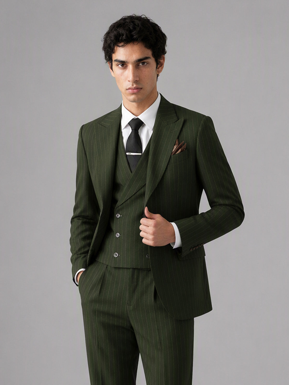 Men's olive green pinstripe 3-piece suit set – three-quarter side standing view, Savile GA0174