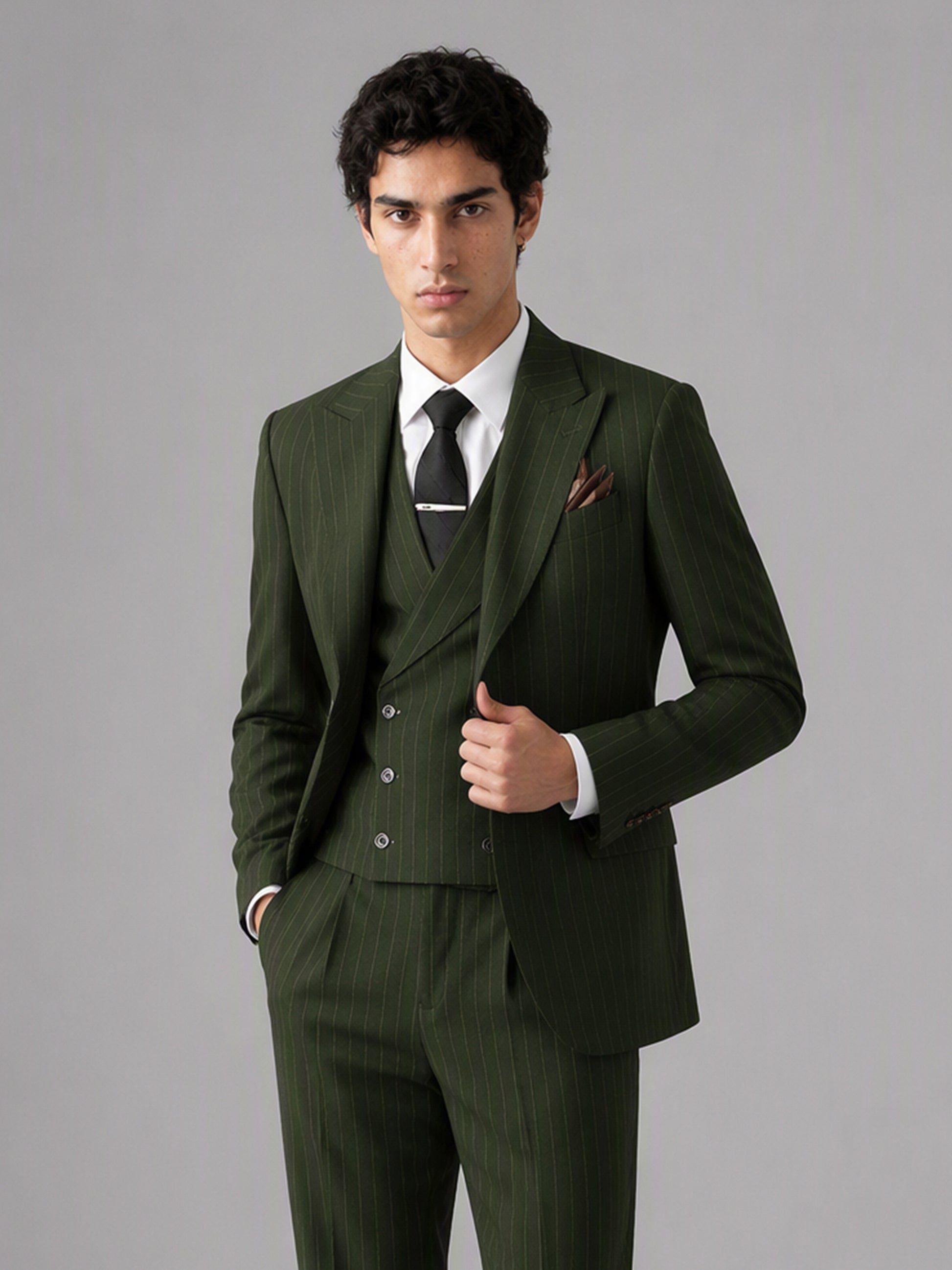 Men's olive green pinstripe 3-piece suit set – three-quarter side standing view, Savile GA0174