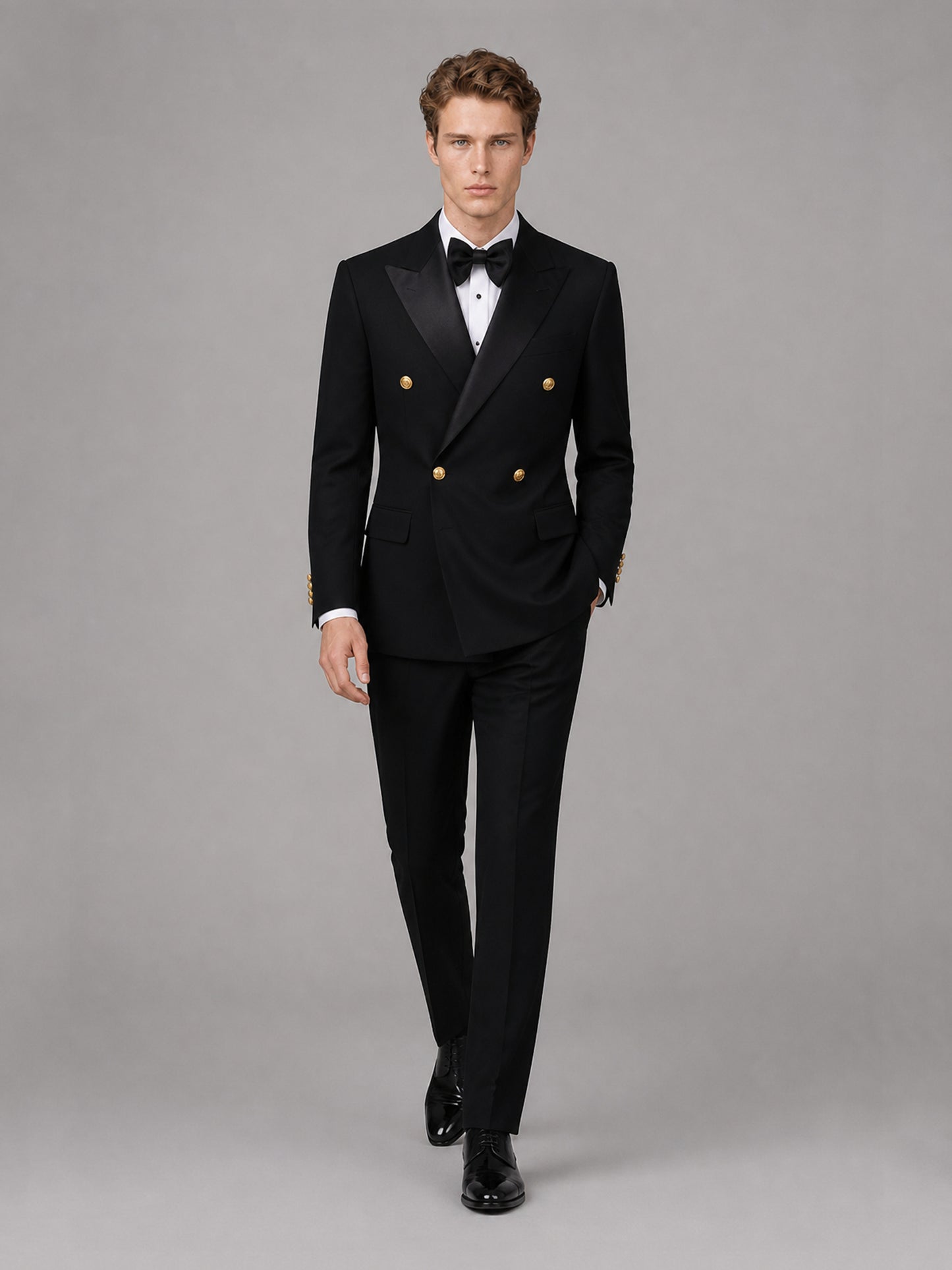 Men's black double-breasted 2-piece suit set – front close-up detail view, Savile GA0175