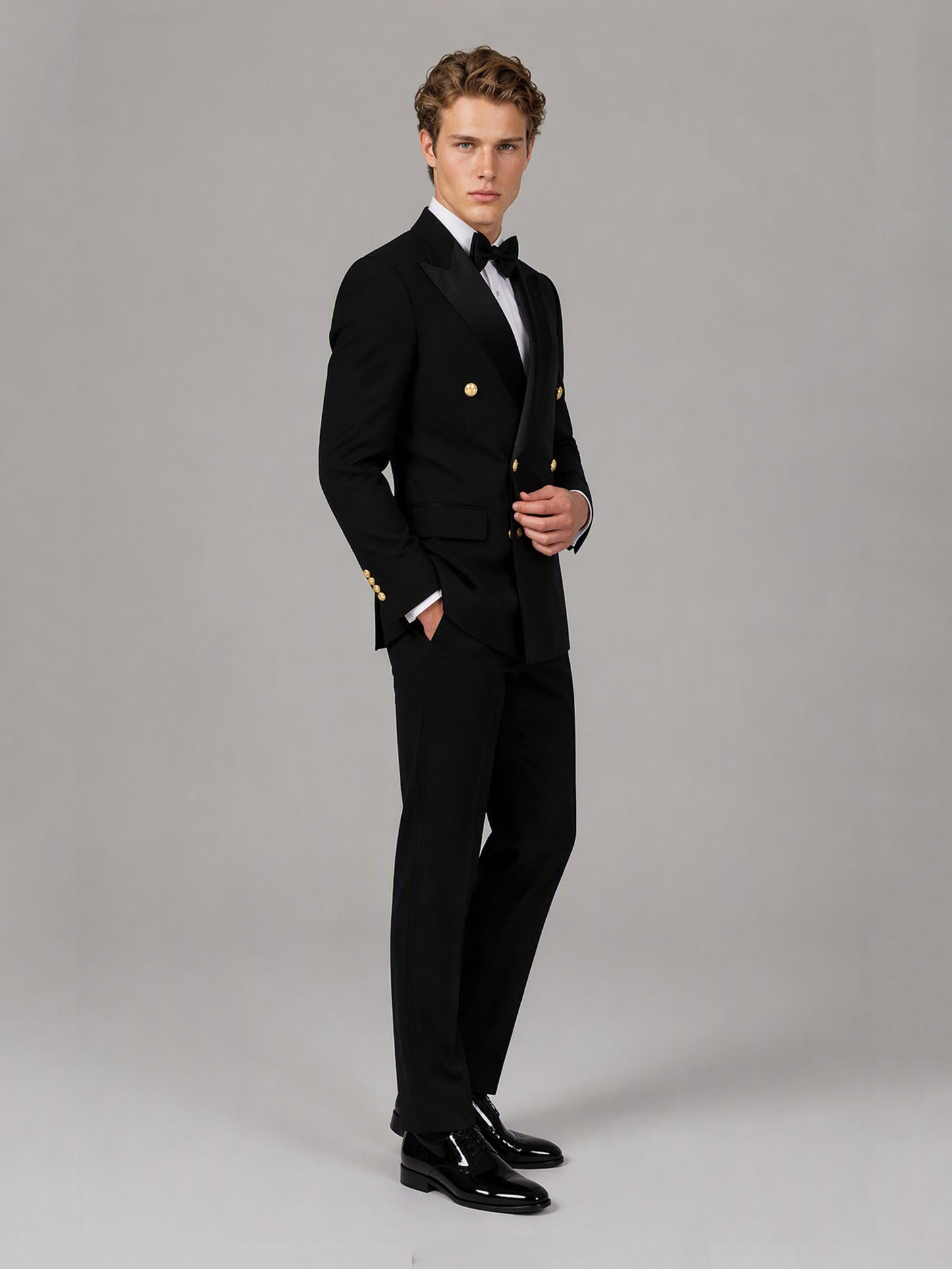 Men's black double-breasted 2-piece suit set – front full-length walking view, Savile GA0175