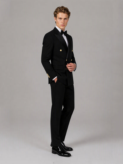 Men's black double-breasted 2-piece suit set – front full-length walking view, Savile GA0175