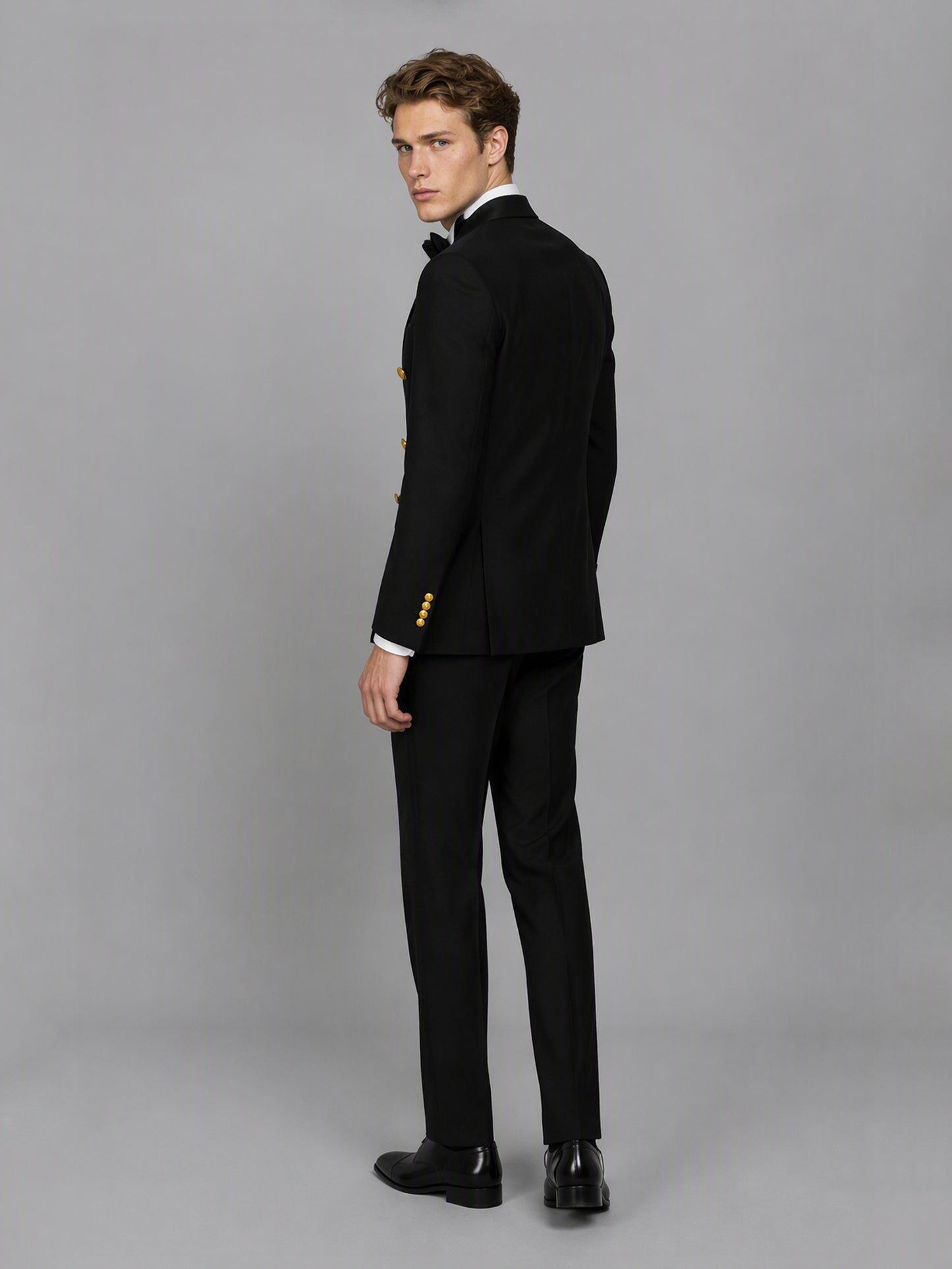 Men's black double-breasted 2-piece suit set – side profile view, Savile GA0175