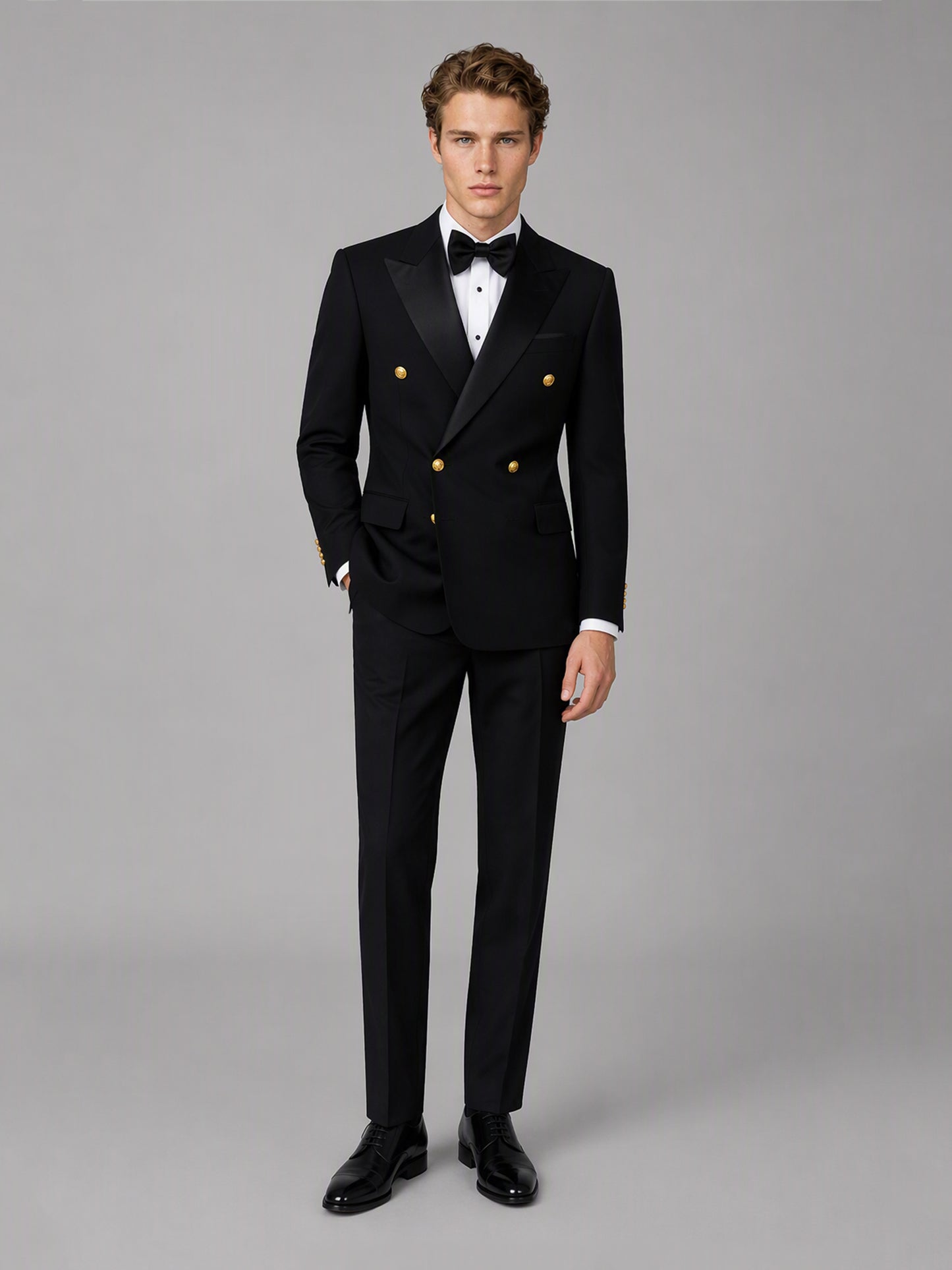 Men's black double-breasted 2-piece suit set – back three-quarter view, Savile GA0175
