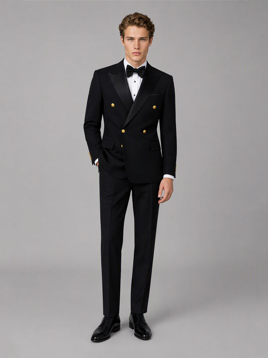 Men's black double-breasted 2-piece suit set – back three-quarter view, Savile GA0175