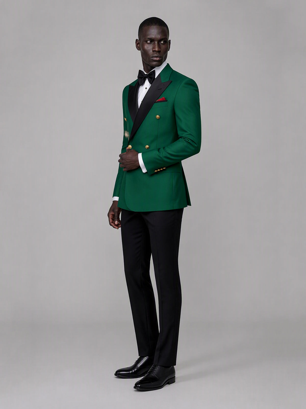 Men's emerald green double-breasted 2-piece suit set – front full-length standing view, Savile GA0175